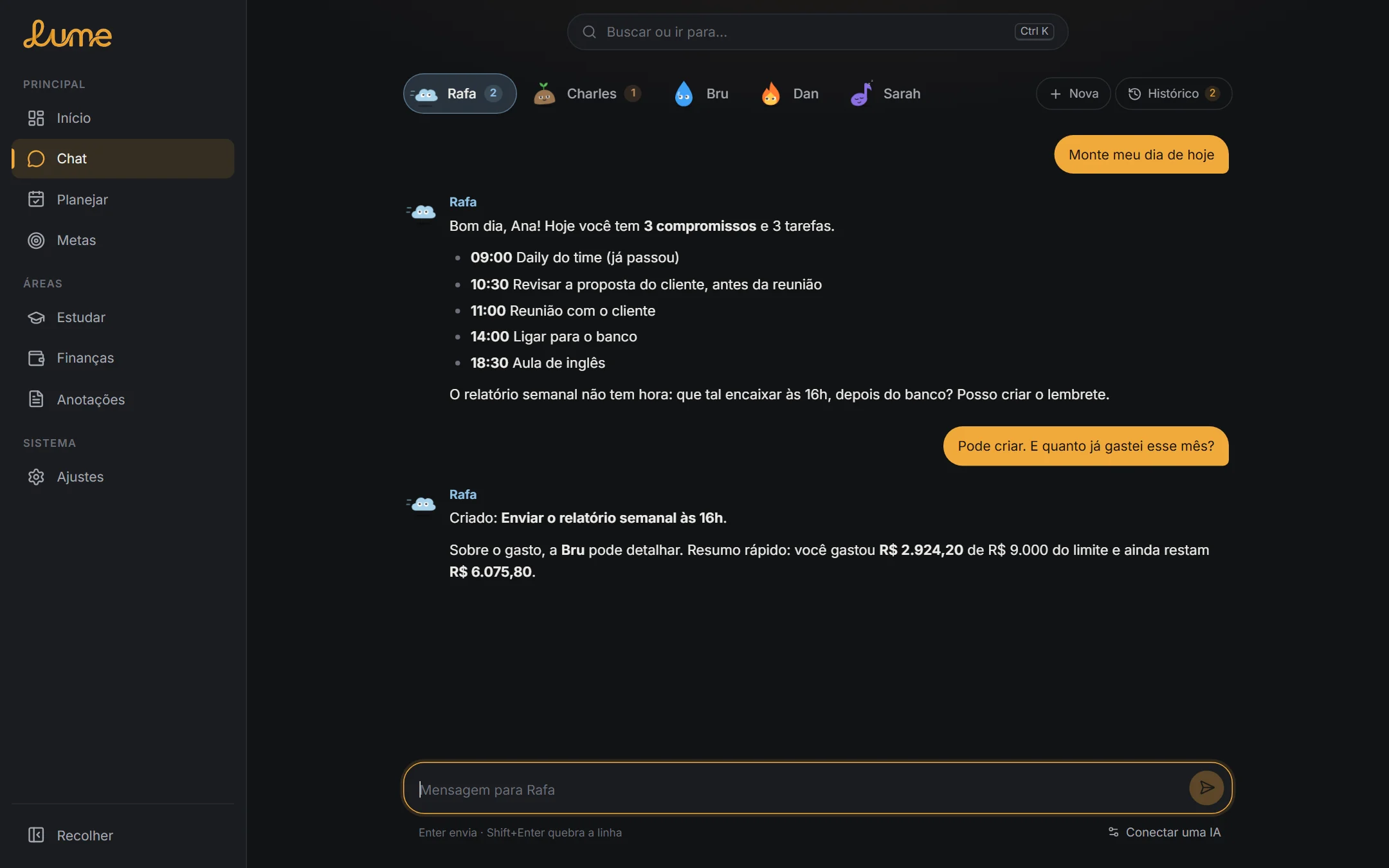 Chat do Lume: a Rafa monta o dia do usuário com os compromissos e tarefas e responde sobre o orçamento